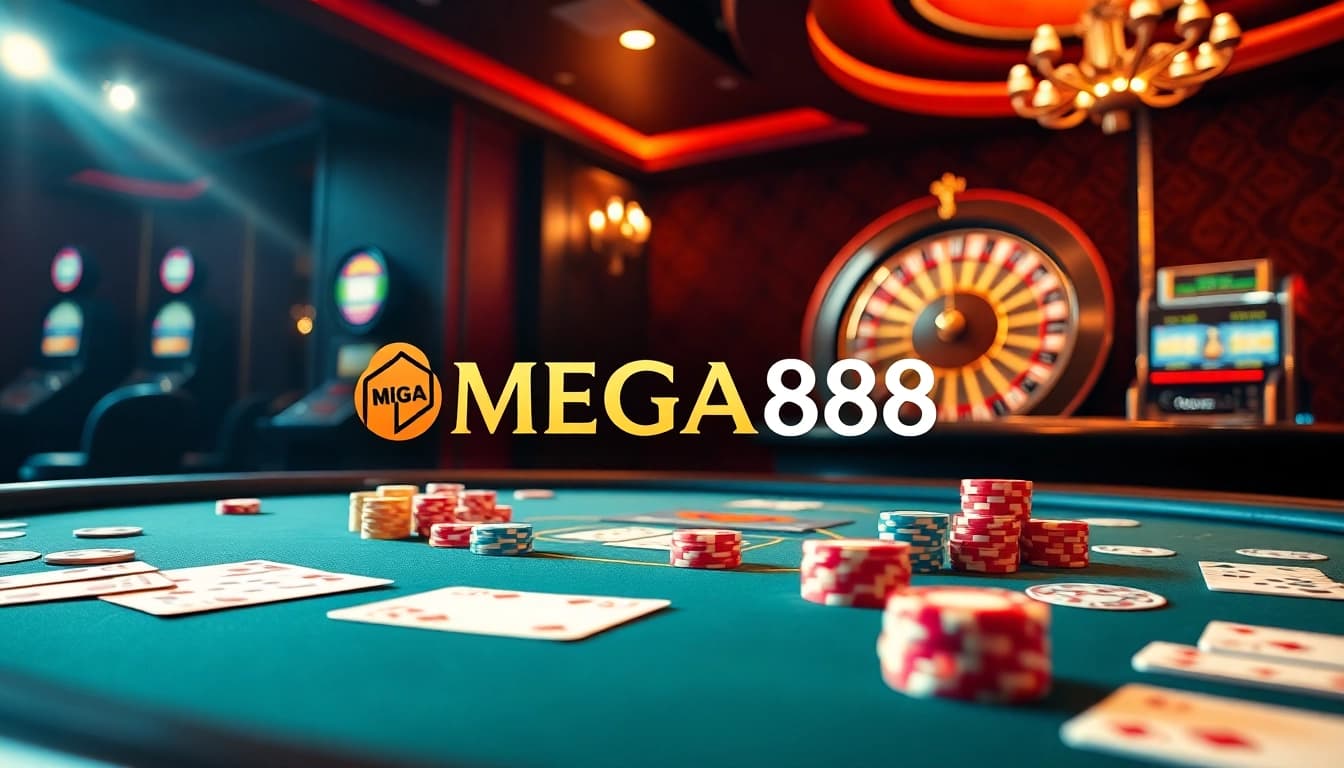 Engaged players at a MEGA888 casino table counting poker chips in a high-stakes game.