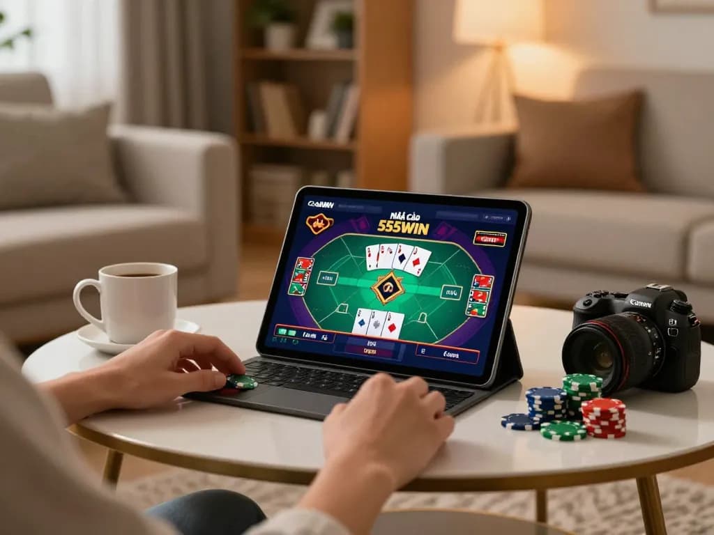 Engaging in strategic gameplay on Nhà cái 555WIN platform at home, featuring vibrant poker interface.