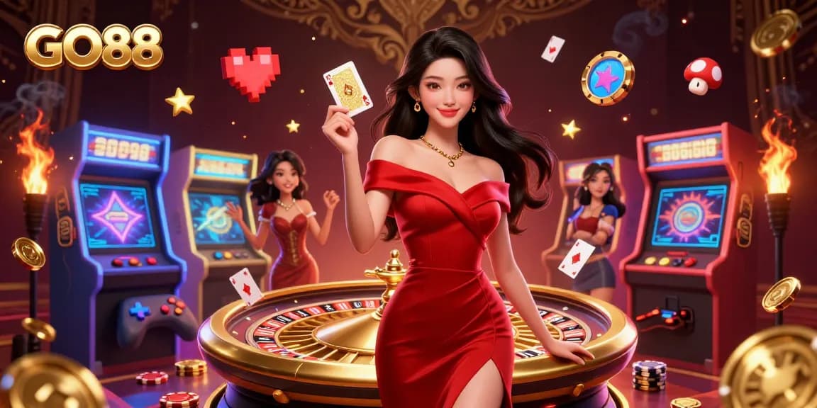 Experience the excitement of GO88 with a stunning casino-themed digital illustration featuring a glamorous dealer and vibrant game elements.