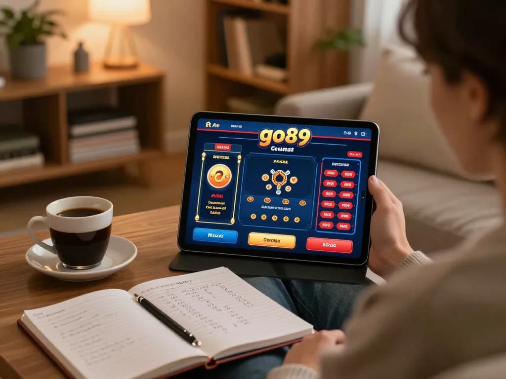 Engaging in online gaming at go89 with a tablet showcasing betting options and strategies from home.