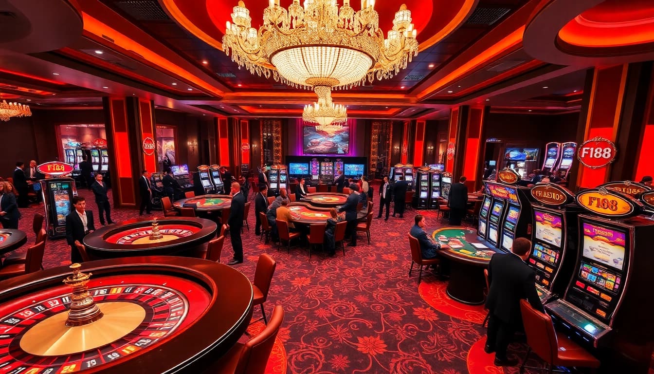 Action-packed gaming experience at F168 with players engaged at tables and slot machines.
