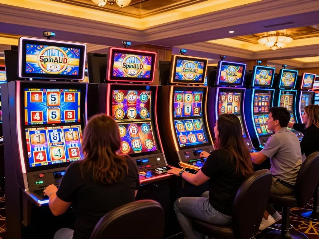Engaged players enjoying vibrant slots at SpinAUD Casino, capturing thrilling gaming atmosphere.