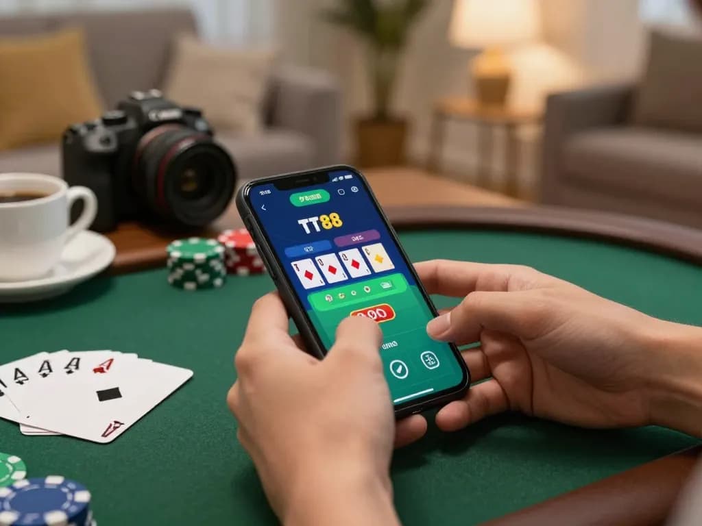 Engaging with the TT88 app for exciting online poker gameplay in a comfortable home setting.