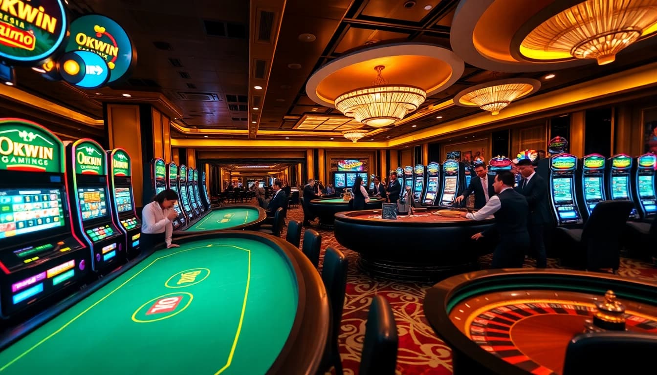 Experience the excitement of OKWIN with elegant casino visuals including poker and slot machines.
