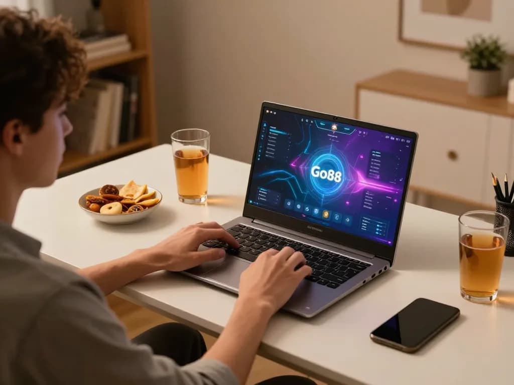 Engaging in Go88 online casino gaming with modern laptop and snacks in a cozy atmosphere