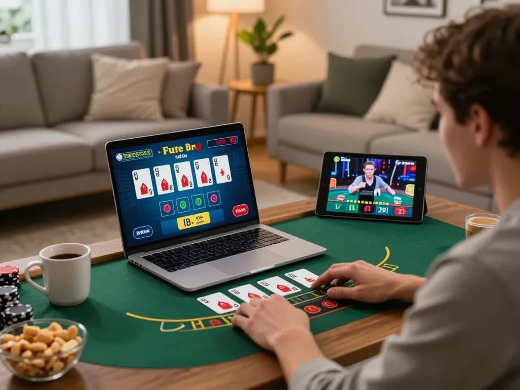 Engaging in dynamic online casino gaming at https://mm88.green/ featuring live dealer blackjack on a laptop.