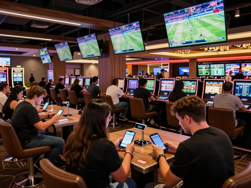 Sports betting excitement at 1gom with patrons engaging in live betting and game analysis