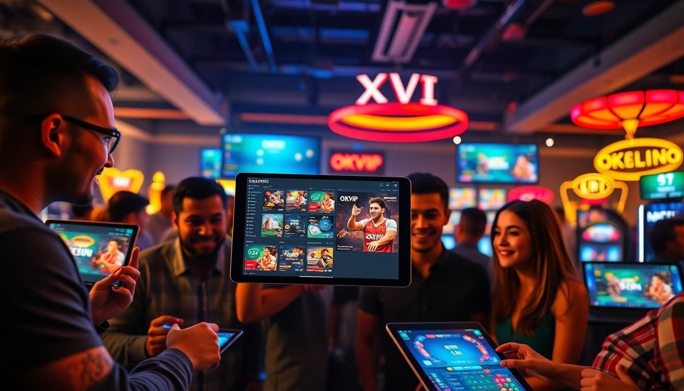 Engaging atmosphere of online gambling at okvipwin.live with users enjoying sports betting and casino games.