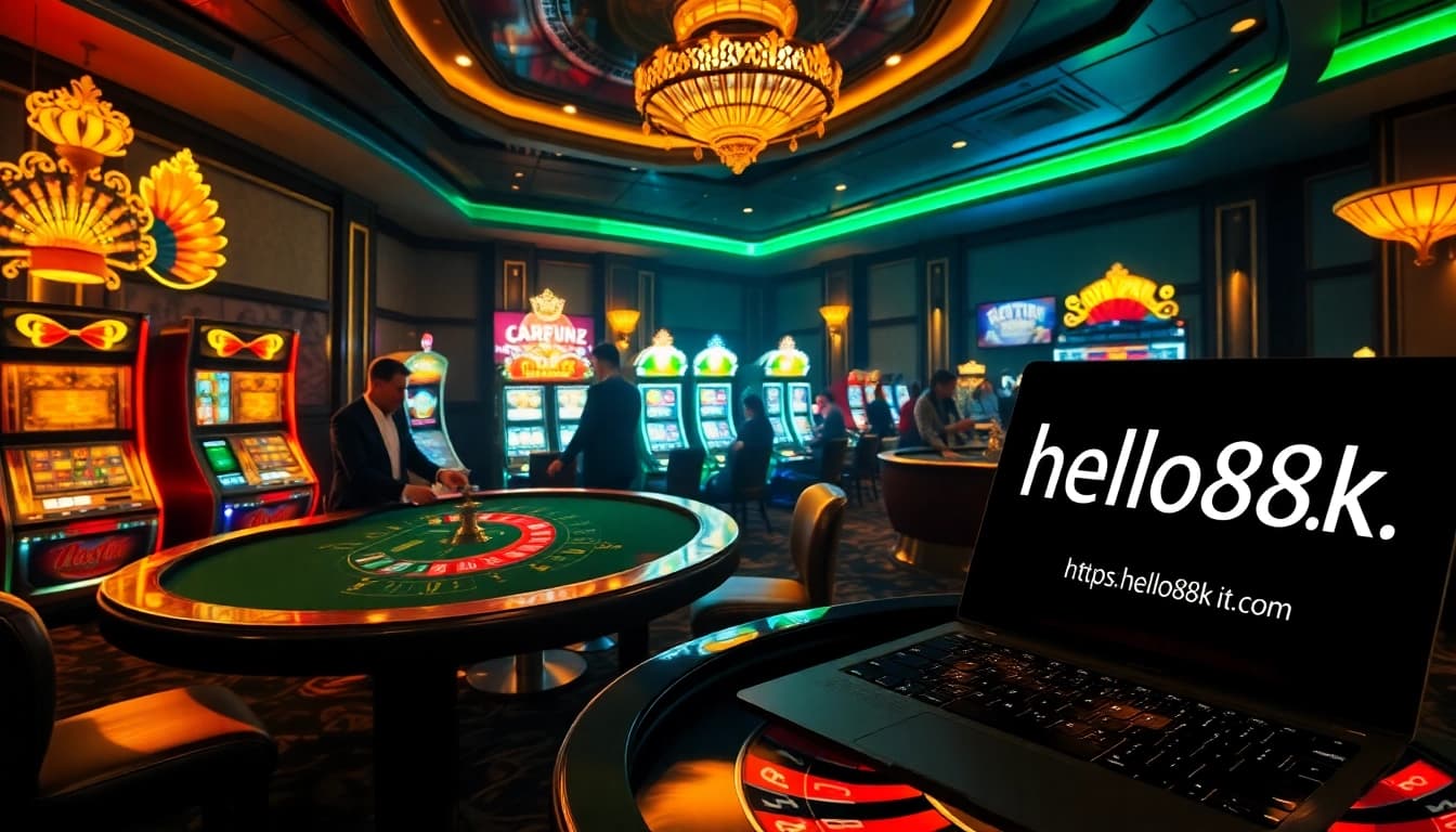The thrill of online gambling at https://hello88k.it.com/ with luxury casino tables, vibrant slots, and elegant players.