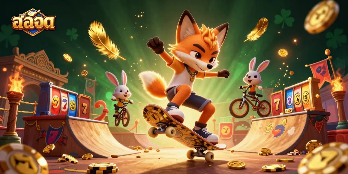 Spin slots with the lively 3D fox and rabbit characters in a vibrant casino scene.