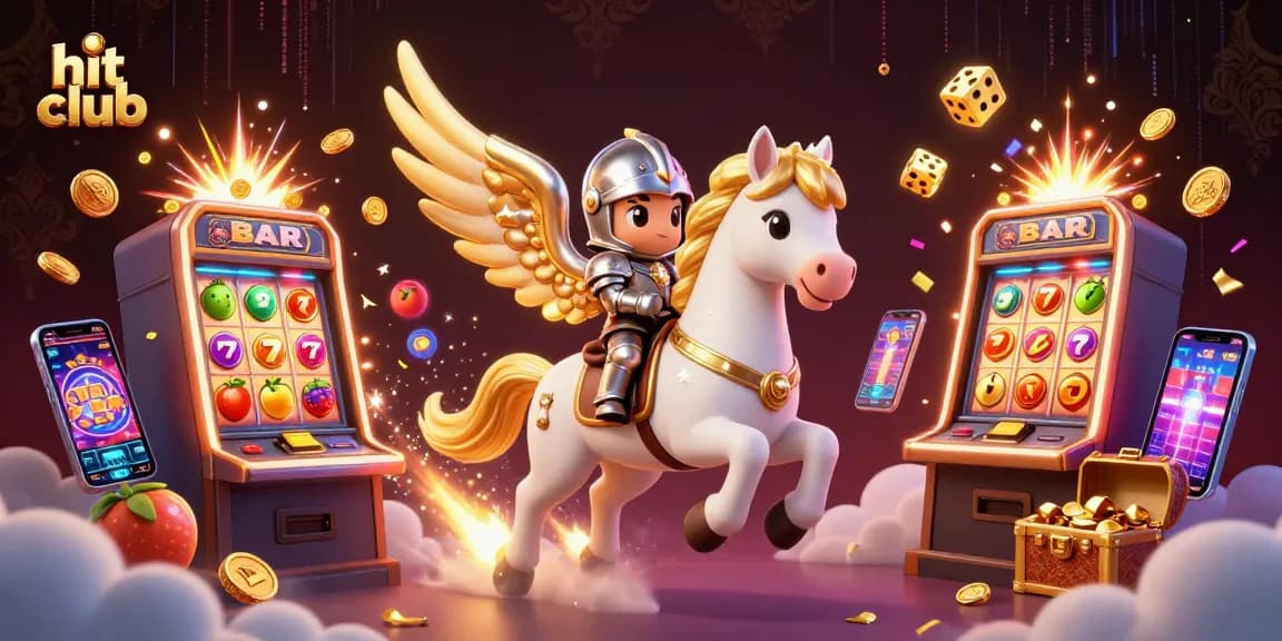 Win big at hit club with enchanting 3D visuals of slots, coins, and a heroic knight.