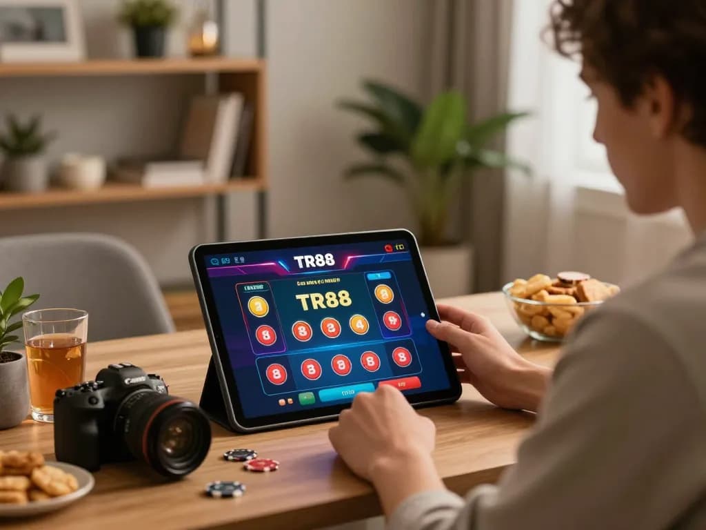 Engaging gameplay on TR88 tablet at home gaming setup with snacks and cozy decor.