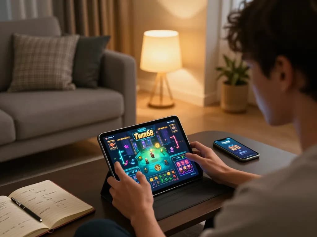 Engaging gameplay on Twin68 app in a modern home setting