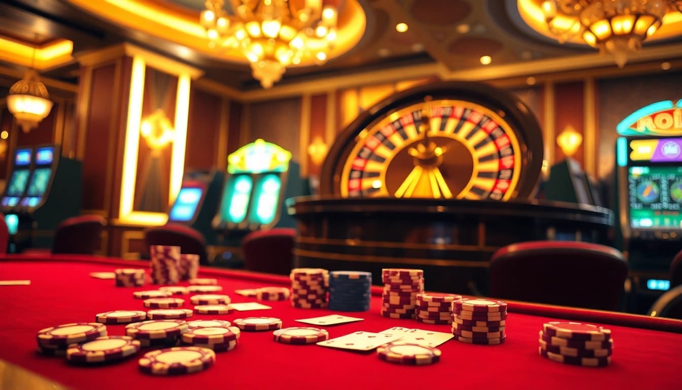 Experience thrilling poker excitement at 58vin with vibrant chips and a roulette wheel.
