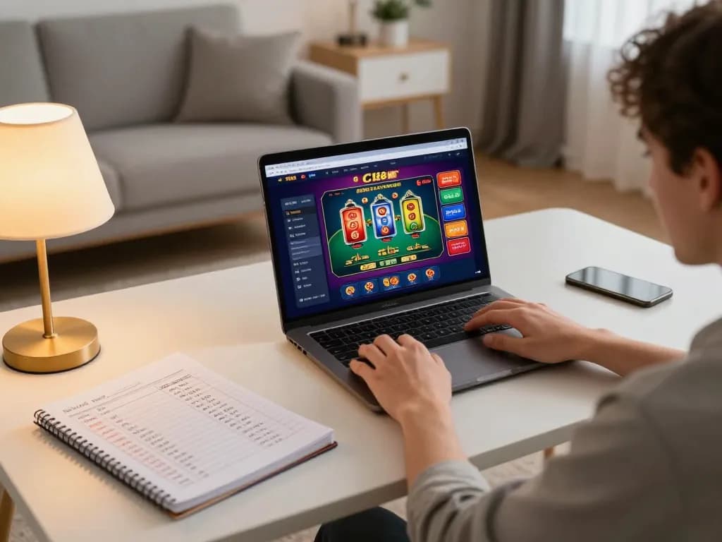 C168 online casino player strategizing on laptop in cozy modern living space.