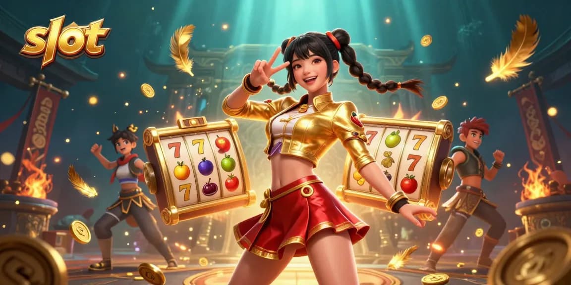 Experience thrilling slot gameplay in a vivid, energetic casino scene with festive characters.