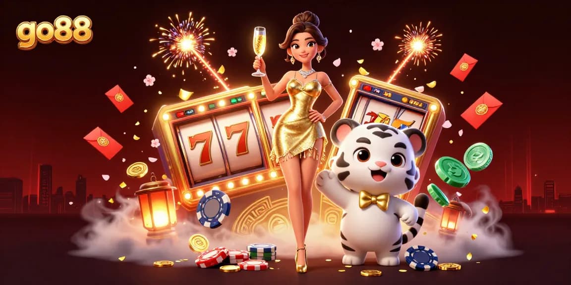 Experience the vibrant go88 online casino scene with a glamorous woman and a lucky tiger in a dynamic, festive setting.