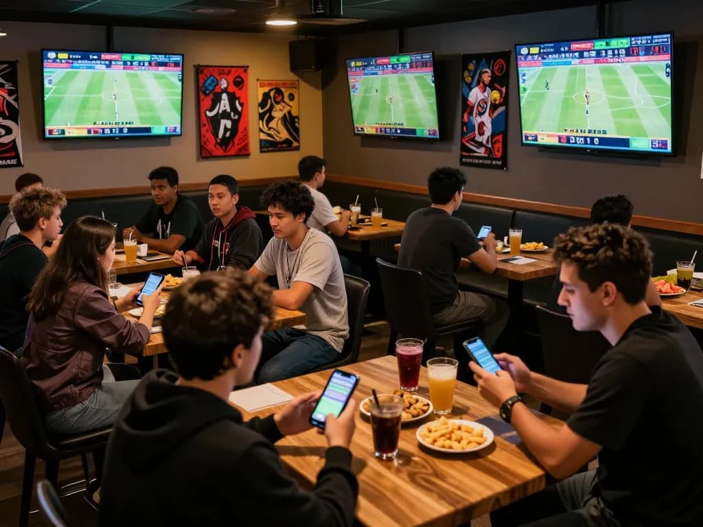 Patrons engrossed in tin soi kèo during real-time sports betting at a lively bar.