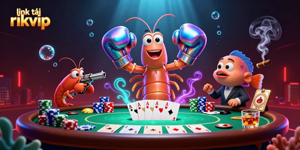 Experience vibrant gaming action with link tải rikvip featuring 3D cartoon shrimp and poker elements.