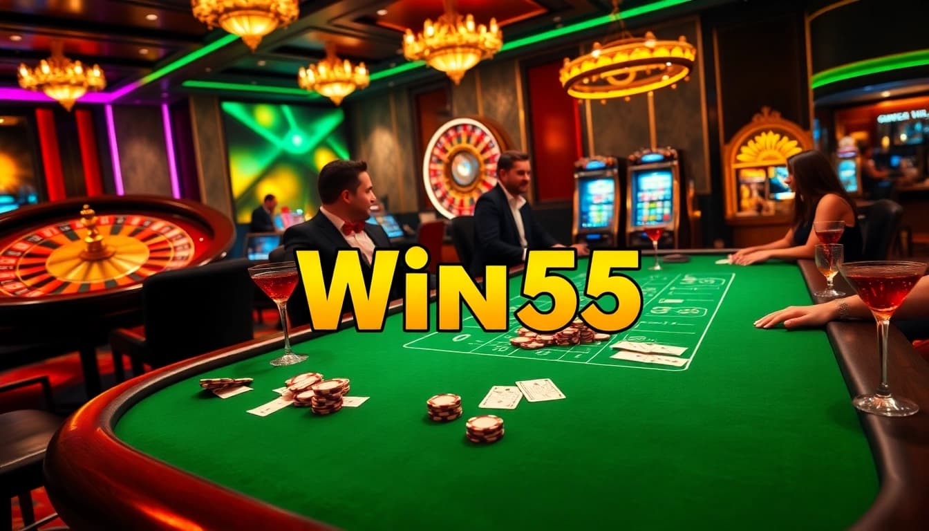 Win55 poker players enjoying a high-stakes game at a luxurious casino.