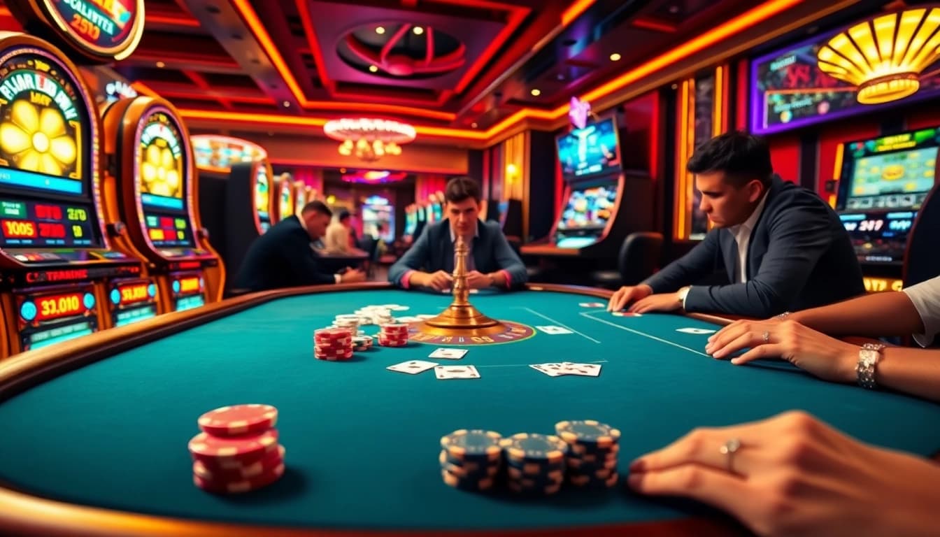 Gambling excitement at KK55 casino with players at the poker table and slot machines.