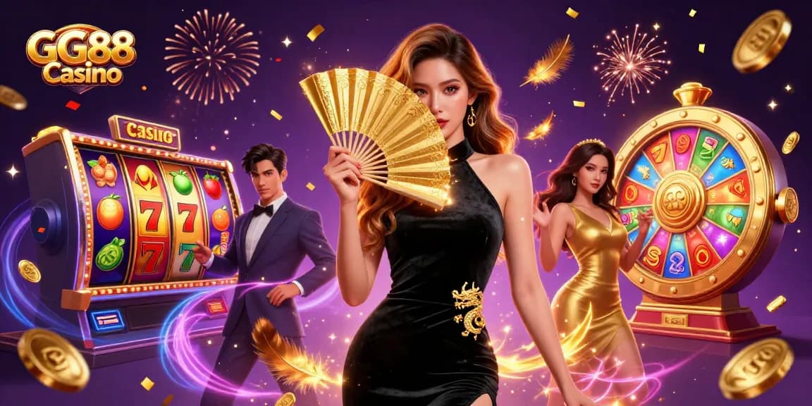 Experience thrilling gameplay at GG88 Casino with a captivating Asian dealer amidst dynamic slot machines and vibrant game elements.