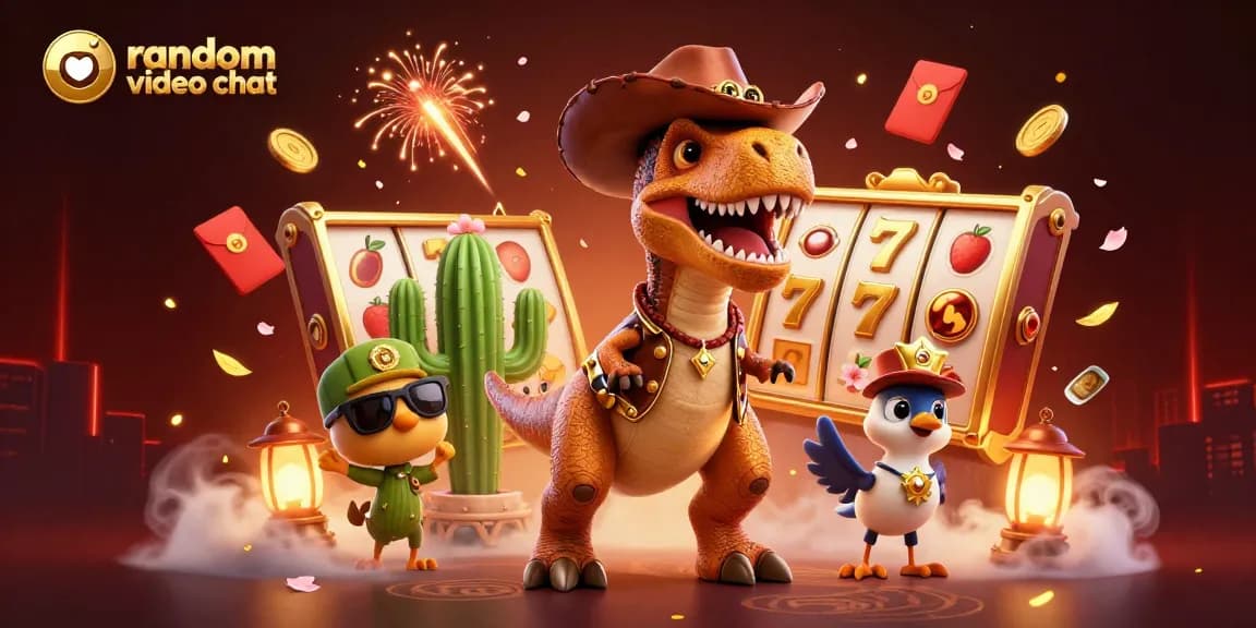 Engage in random video chat with dynamic slot reels and colorful cinematic characters.