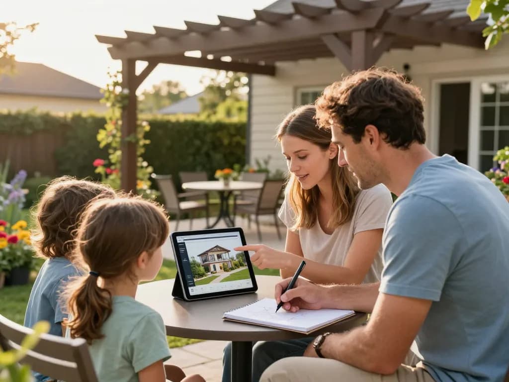 Family using a pergola configurator to design their backyard outdoor space.