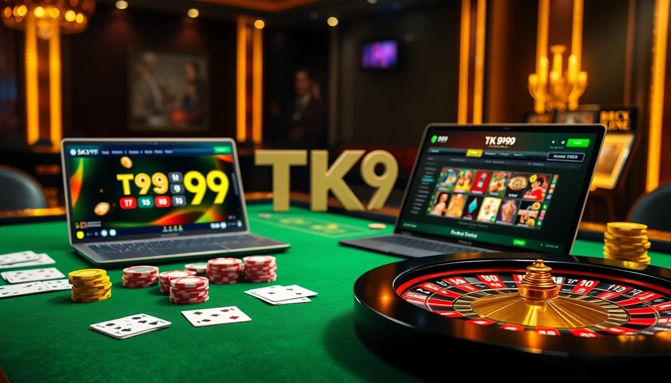 Engaging gambling scene showcasing TK 999 casino table with poker chips and online gaming interface.