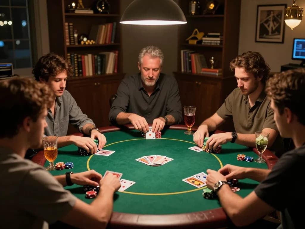 Action-packed poker night scene at home highlighting nhà cái uy tín Sunwin, with friends enjoying the game.