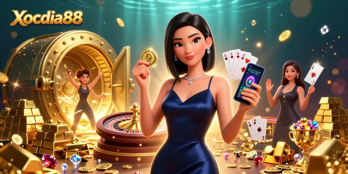Xocdia88 showcases a glamorous female player winning at the online casino, holding a golden chip amidst rich gaming elements.