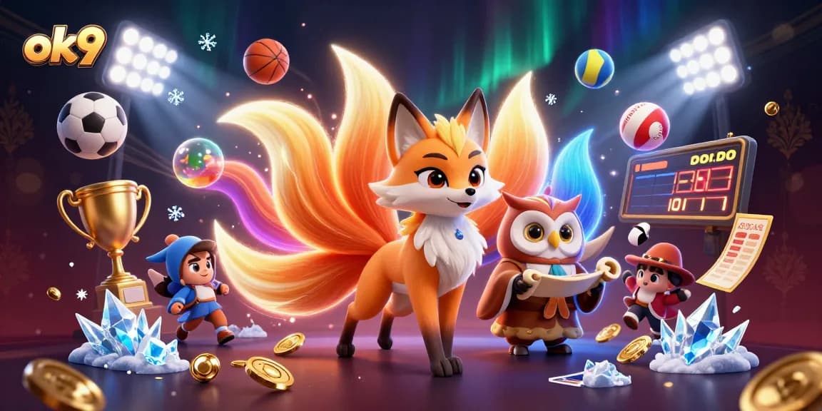 Experience thrilling sports betting excitement with ok9 in this vibrant 3D illustration featuring dynamic elements.