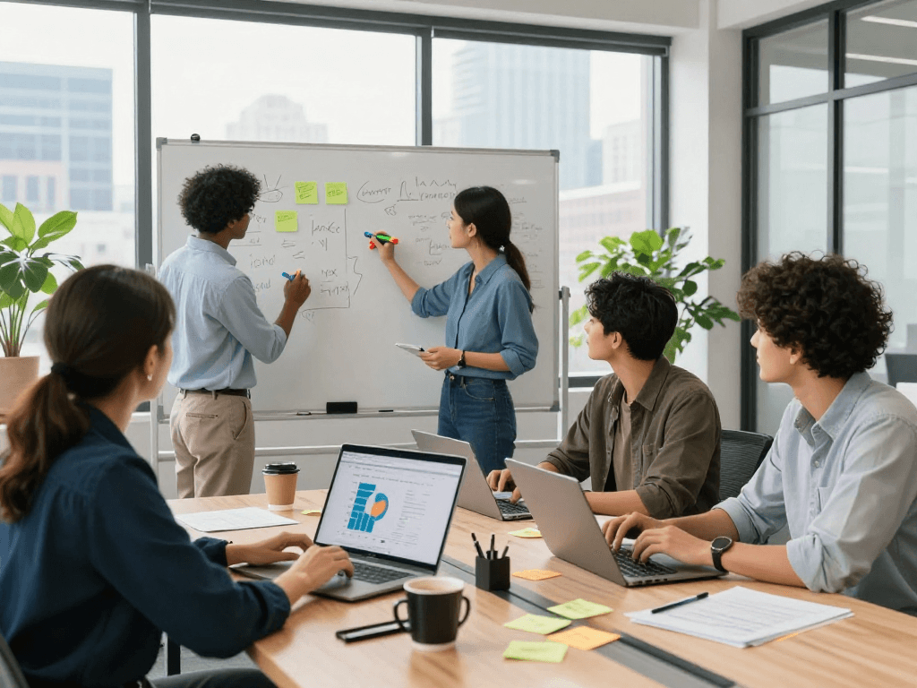 Startup team brainstorming ideas for starrtups in a modern office.