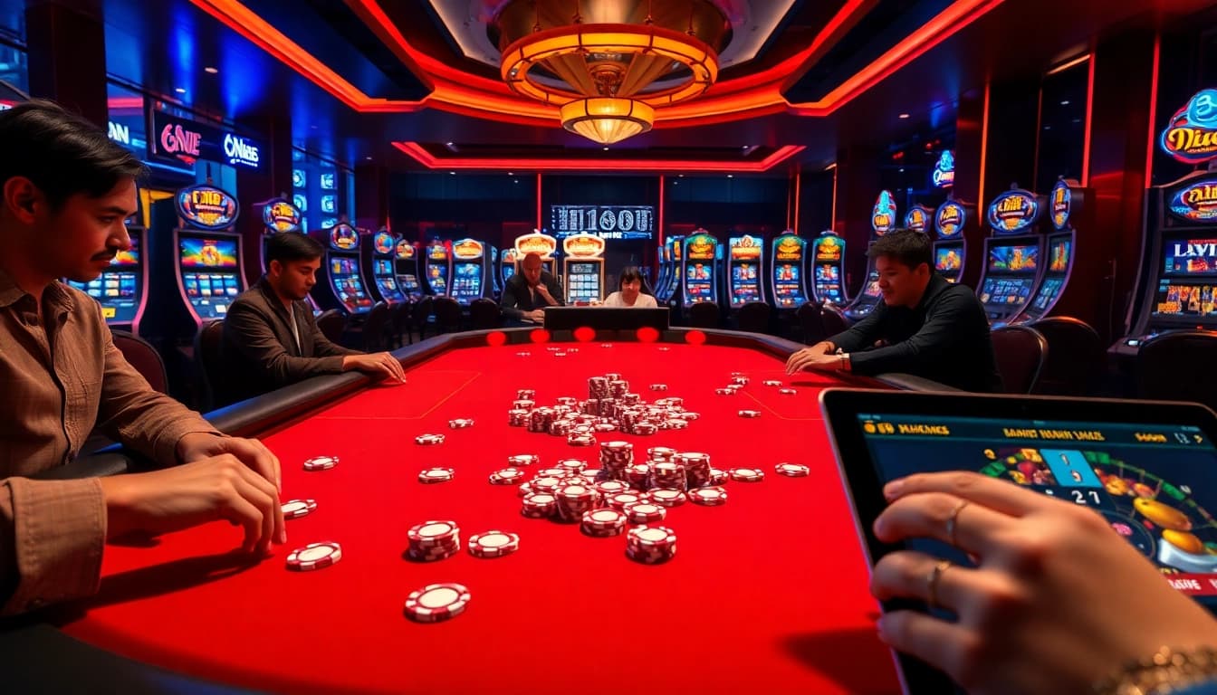Exciting poker gameplay at Hi88 casino table with vibrant atmosphere and chips.