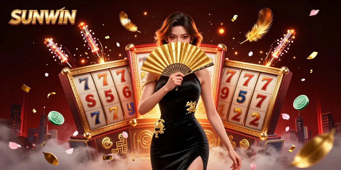SUNWIN offers thrilling online gaming with an elegant Asian woman leading the casino experience amid captivating visuals.
