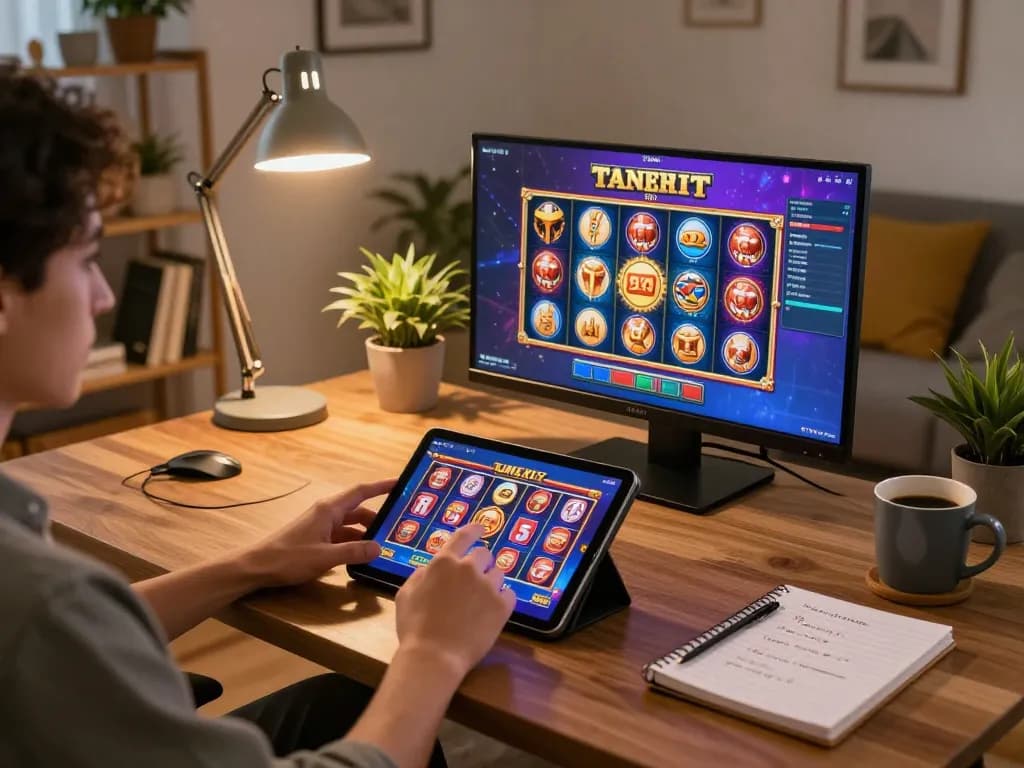 Mantap88 - Best Link Free Credit Casino player enjoying a thrilling slot game on a tablet in a cozy living room setup