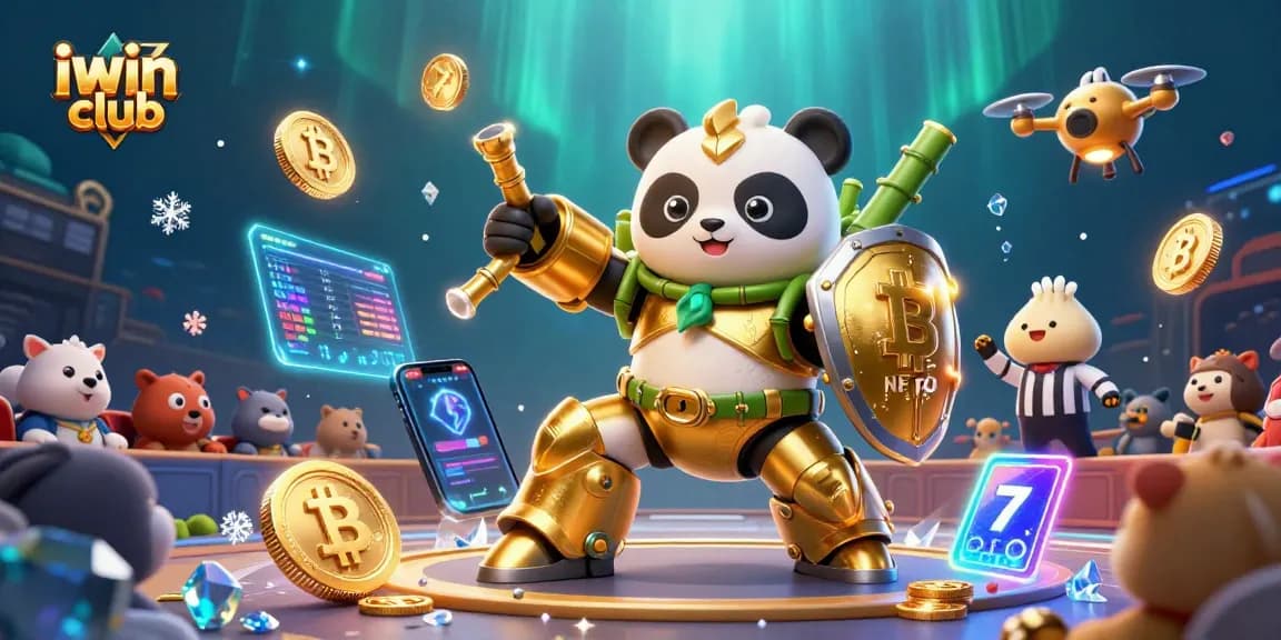 Experience the excitement of iwin club with a vibrant 3D battle scene featuring a golden panda and crypto elements.