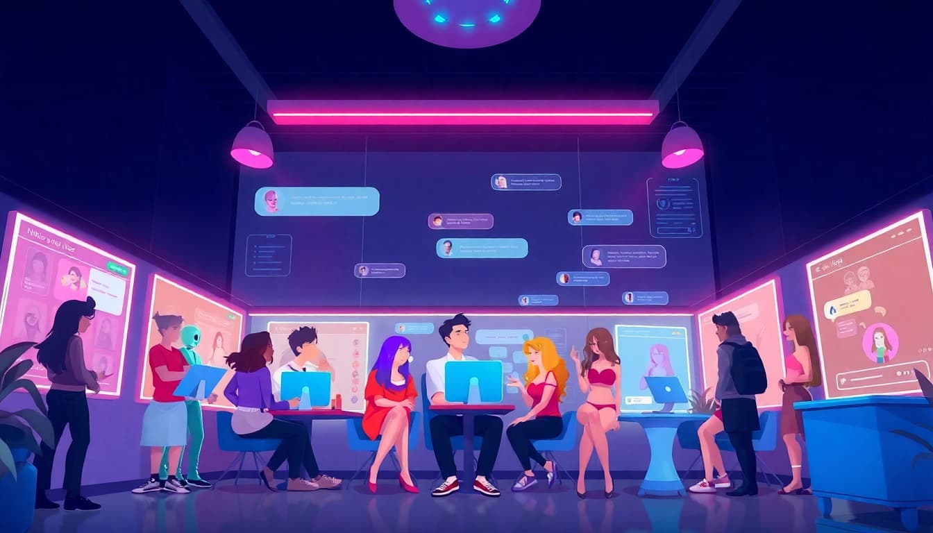 Engaging scene of users interacting with NSFW AI chat platforms, showcasing vibrant digital characters and chat features.