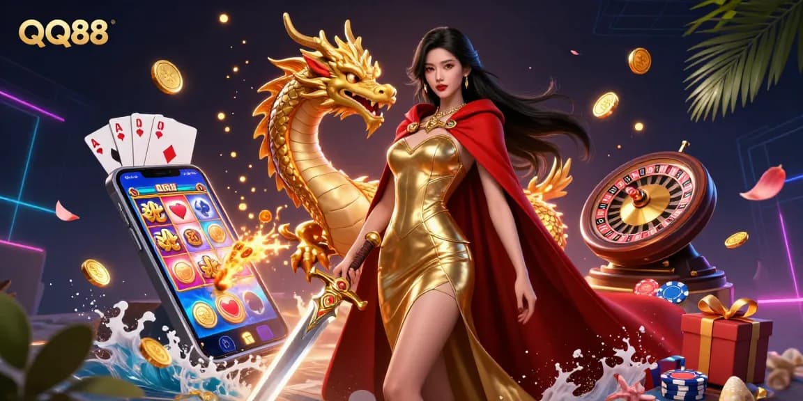 Engage with QQ88's thrilling gaming experience featuring the queen with a sword, golden coins, and casino elements.