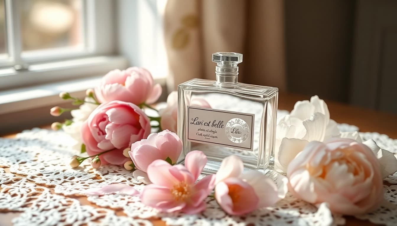 Experience the enchanting scent of La vi est belle with an elegant vintage perfume bottle surrounded by beautiful flowers.