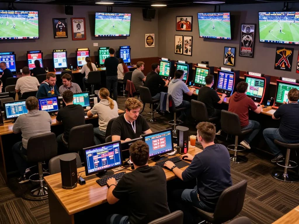 The betting lounge showcases tỷ lệ kèo as fans enthusiastically engage in placing bets while watching live games on screens.