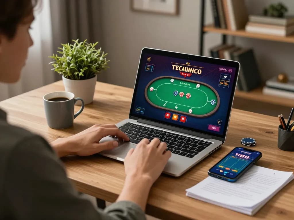 Engaged player at TR88 online casino using laptop for poker, showcasing responsible gaming strategies.