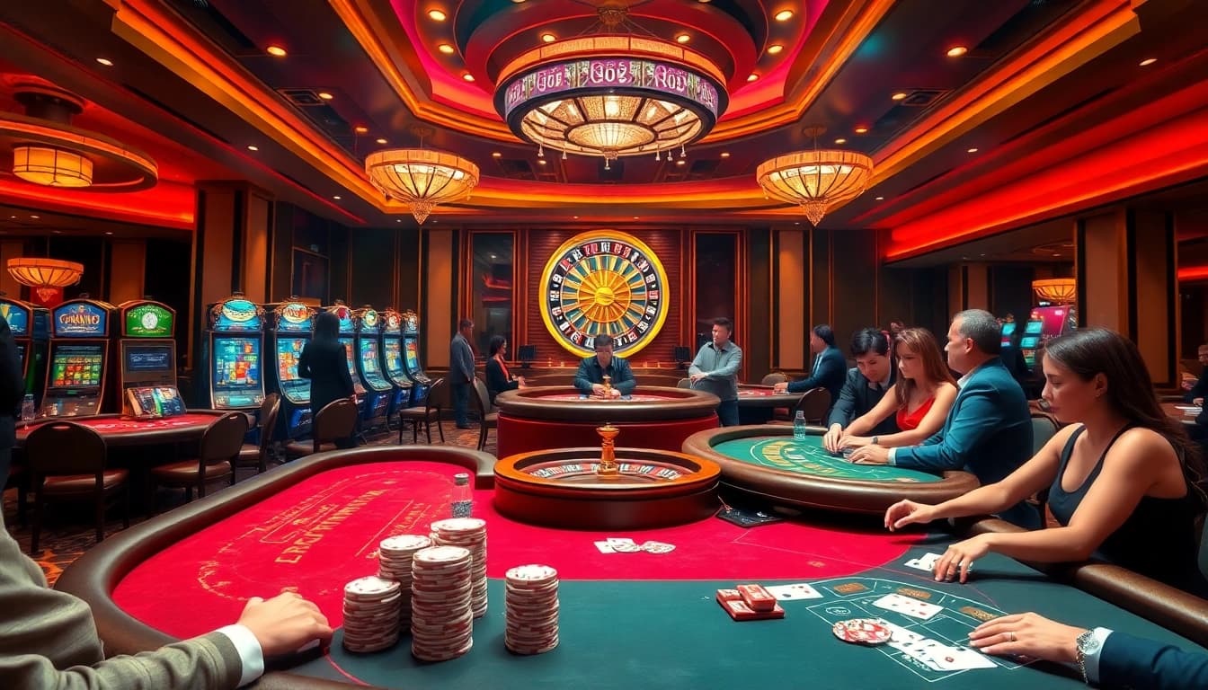 Experience excitement at the 98win club with players competing at blackjack and poker tables.