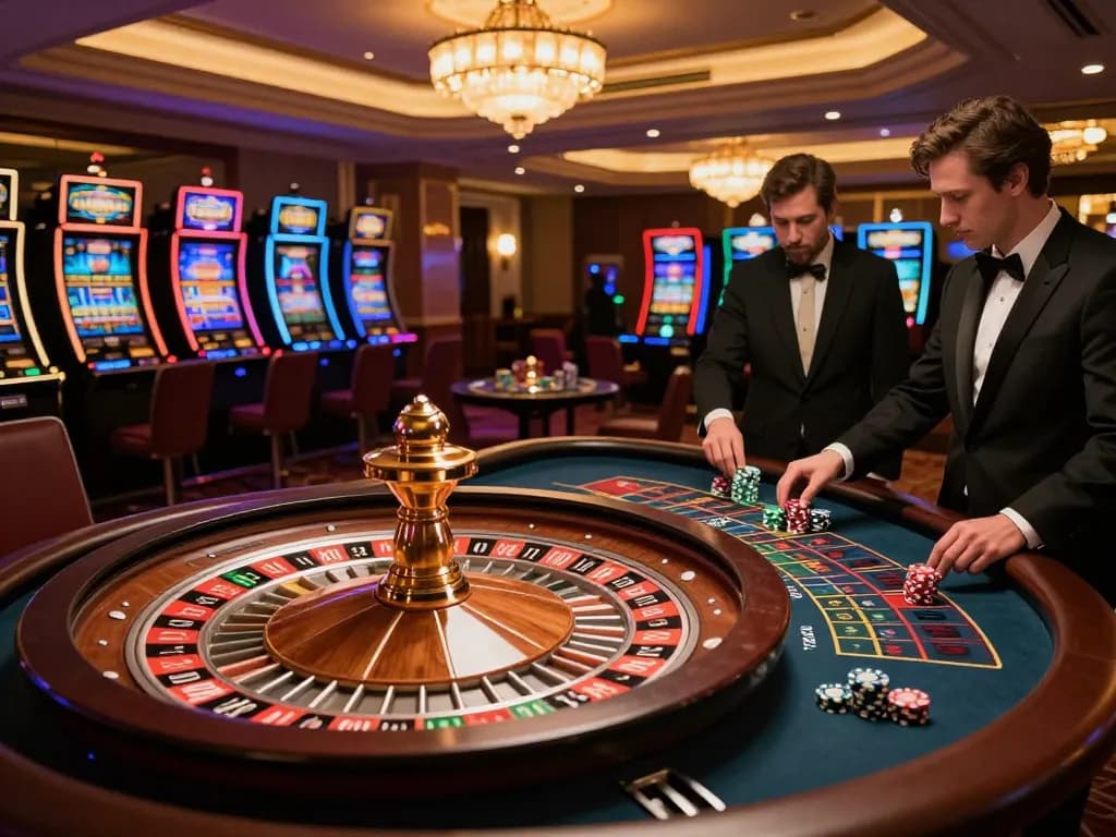 Experience the excitement of NK88 WIN as players place bets at a dynamic roulette table in a luxurious casino atmosphere.
