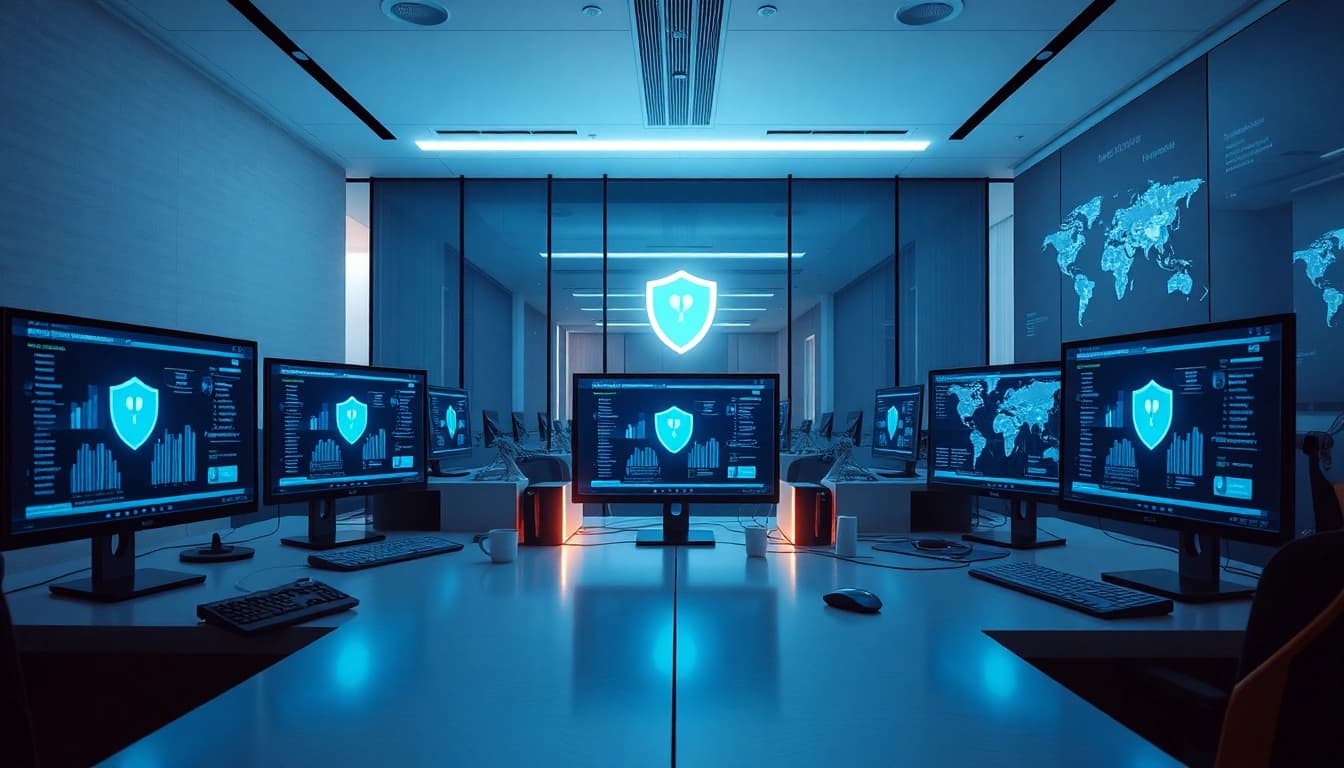 快连官网 展示一个现代办公室工作区，配有 VPN 软件，强调数据安全与生产力。