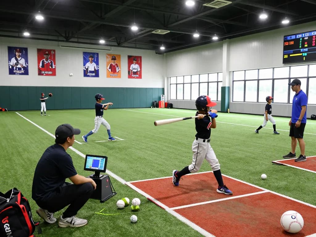 Young athletes training at Hitclub baseball facility with coaches and advanced equipment.