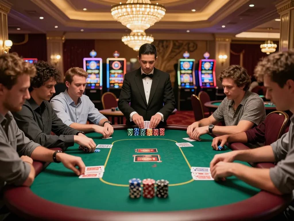Players engaging intensely at a hit club poker table, showcasing strategic gameplay and vibrant casino ambiance.