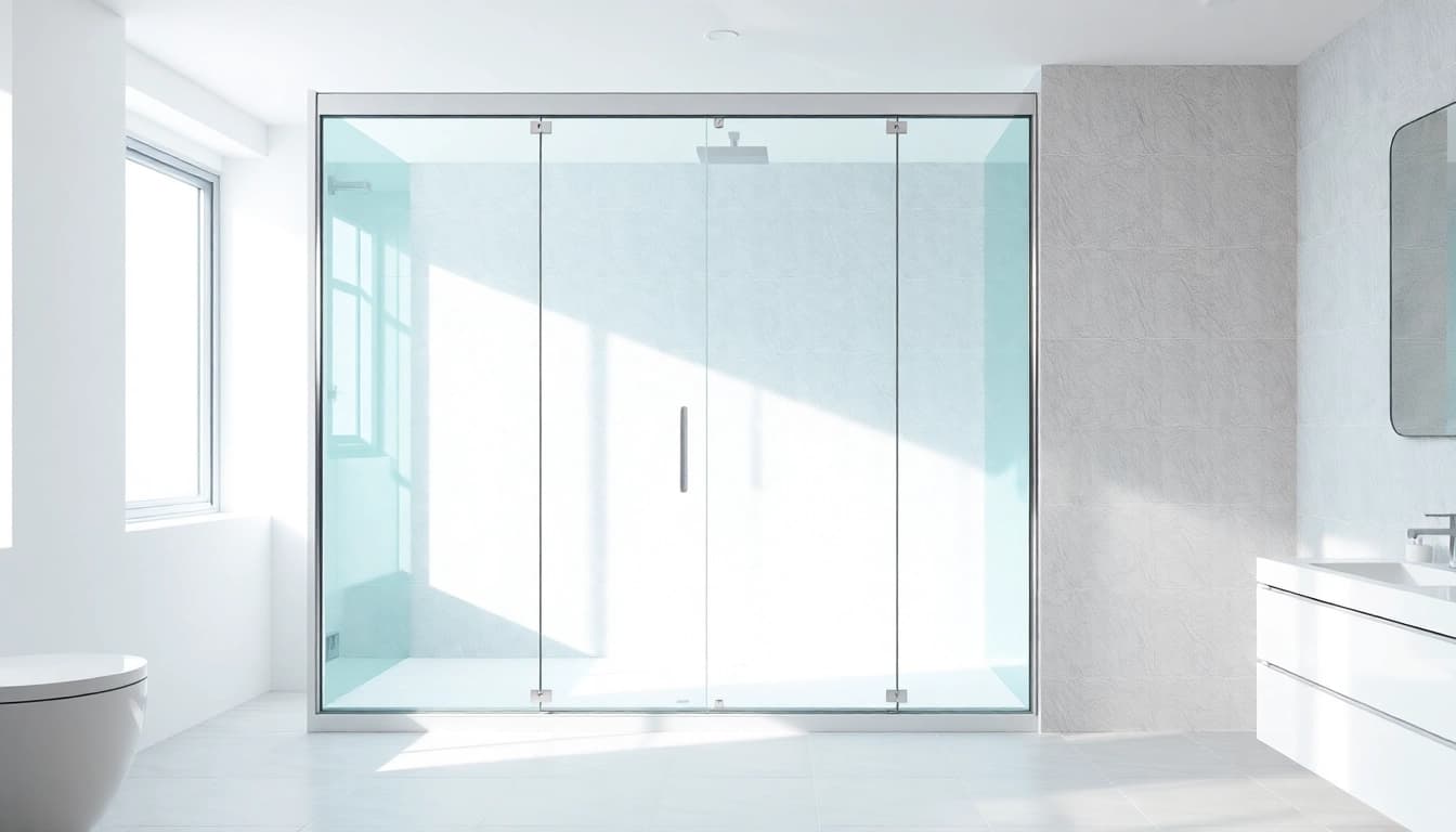 Showcasing elegant shower sliding doors in a modern bathroom design with bright lighting.