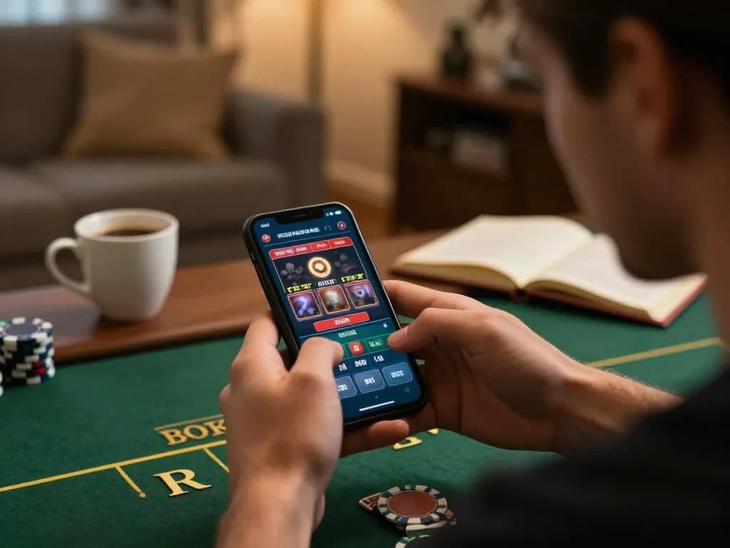 Engaging poker gameplay on smartphone at home reflecting a strategic approach within https://nk88net.com/