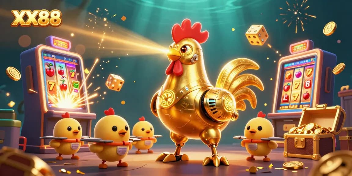 Engage with exciting slot games at XX88 featuring a golden robot and baby chick drones.